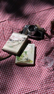 复古物件置于红格布上