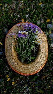 草帽中盛放的多彩野花