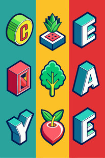 多彩立体字母与物品图案