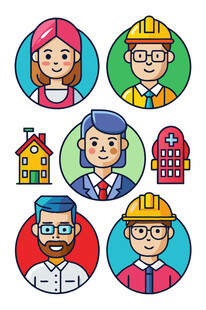 多样职业人物与建筑图标
