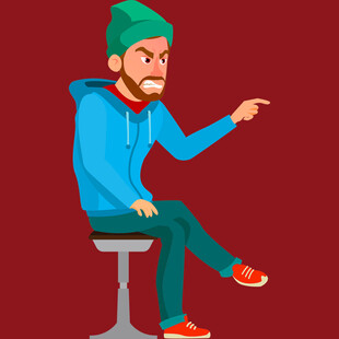 坐着指向前方的休闲男子