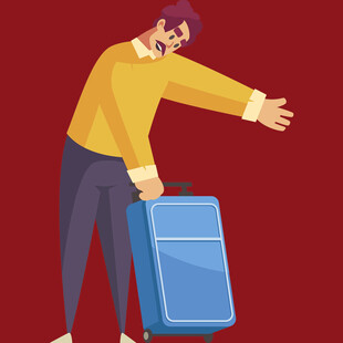 男子提行李箱伸手打招呼