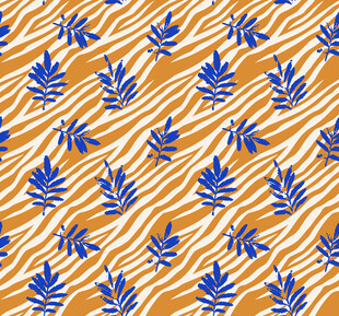 蓝叶黄底条纹花卉图案