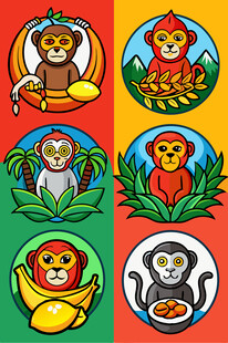 多彩猴子卡通图标集合