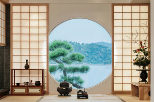 日式禅意圆窗山水室内景