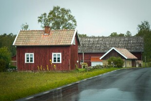 乡村红屋旁的湿润道路