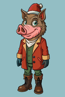 圣诞装扮的卡通野猪形象