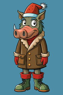 圣诞装扮的卡通野猪形象