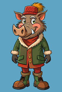 穿着冬装的卡通野猪形象