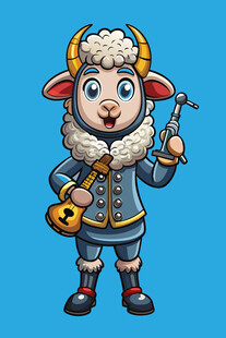 卡通山羊战士持剑与南瓜灯