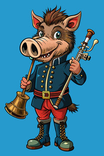 吹号持杖的卡通野猪形象