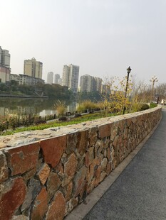 城市石砌步道与远处高楼