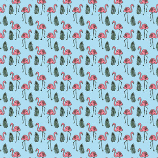 蓝色底花卉绿植图案布料