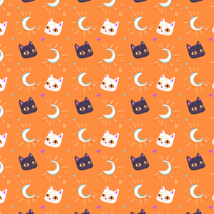 橙色背景猫咪月亮图案