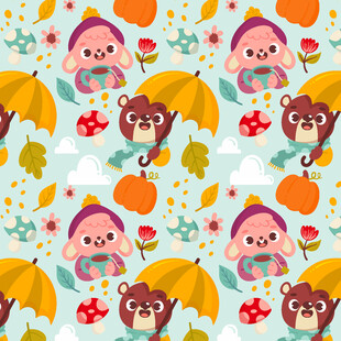 卡通动物与人物秋季图案