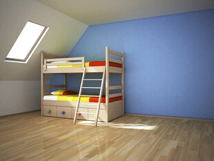 蓝色儿童房的双层床设计