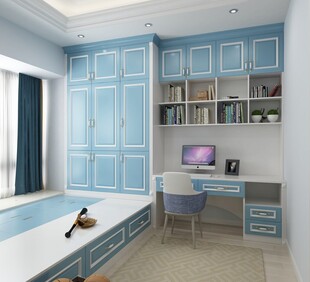 清新蓝调卧室书房一体化空间