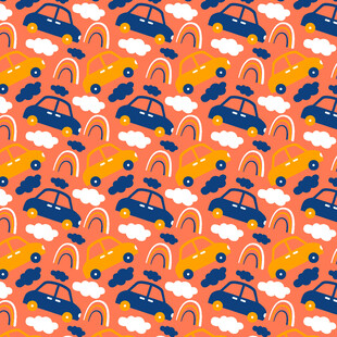 橙色背景卡通汽车云朵图案