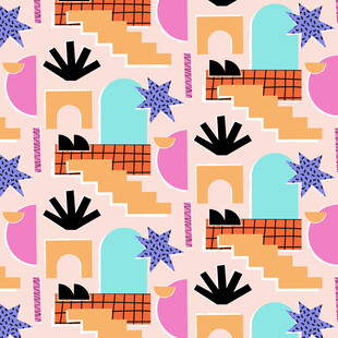 几何植物图案无缝背景图