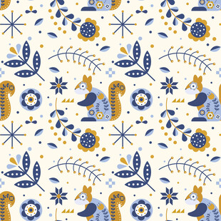 蓝黄松鼠花卉图案背景