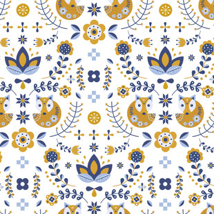 蓝黄花卉几何图案纹样