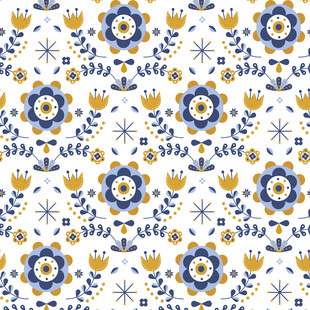 蓝黄花卉图案无缝背景