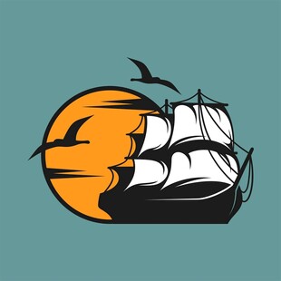 海上帆船伴夕阳飞鸟