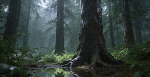 迷雾中的静谧森林景象