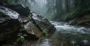 山林间潺潺溪流的静谧之景