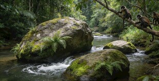 山林间的潺潺溪流与巨石