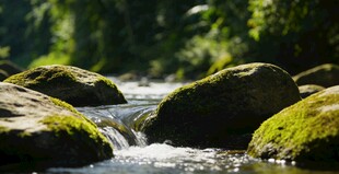 溪边覆苔石潺潺流水景