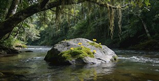 溪边覆绿苔巨石的自然景
