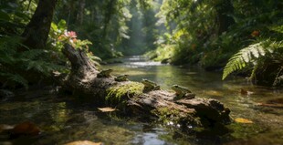森林溪流中的枯木景观