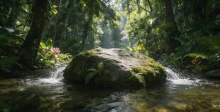 森林溪流中的青苔巨石