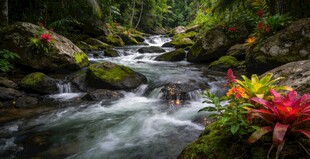 山间溪流旁的多彩花卉景观