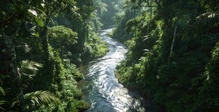 雨林中蜿蜒流淌的清澈溪流