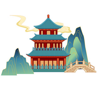 中式古风楼阁山水景观