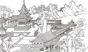 中式古建筑山水风景图