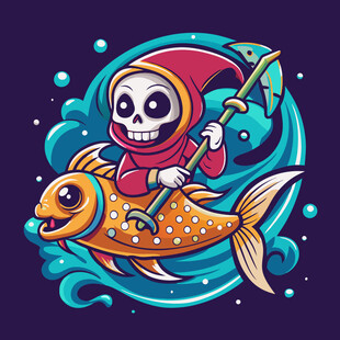 骷髅骑鱼持杖奇幻插画