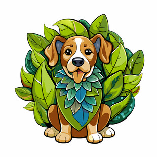 绿叶环绕的可爱小狗