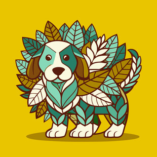 叶子装饰的可爱卡通小狗