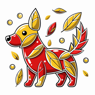 秋日彩叶装饰的可爱小狗