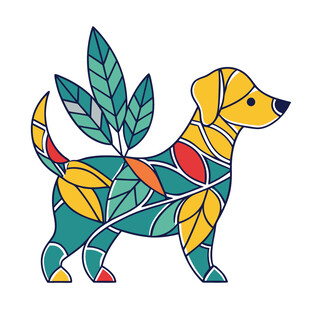树叶图案装饰的可爱小狗