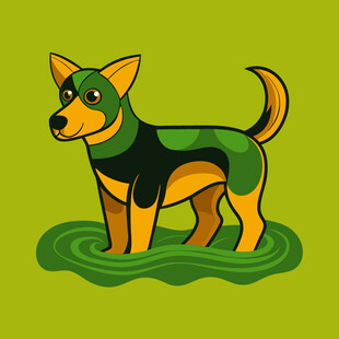 卡通小狗站在绿色水波上