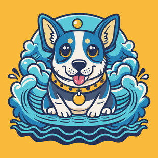 卡通柯基畅游蓝色水波中