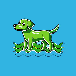 绿色小狗站在水波绿叶上