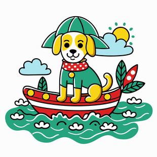 小狗乘船撑伞快乐出游