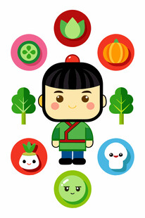 卡通古装人物与多彩图标