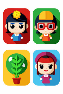卡通儿童与绿植图标集