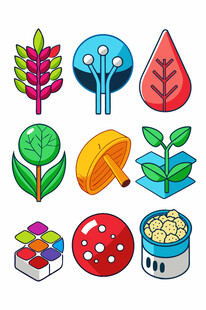 多彩植物与蘑菇卡通图案